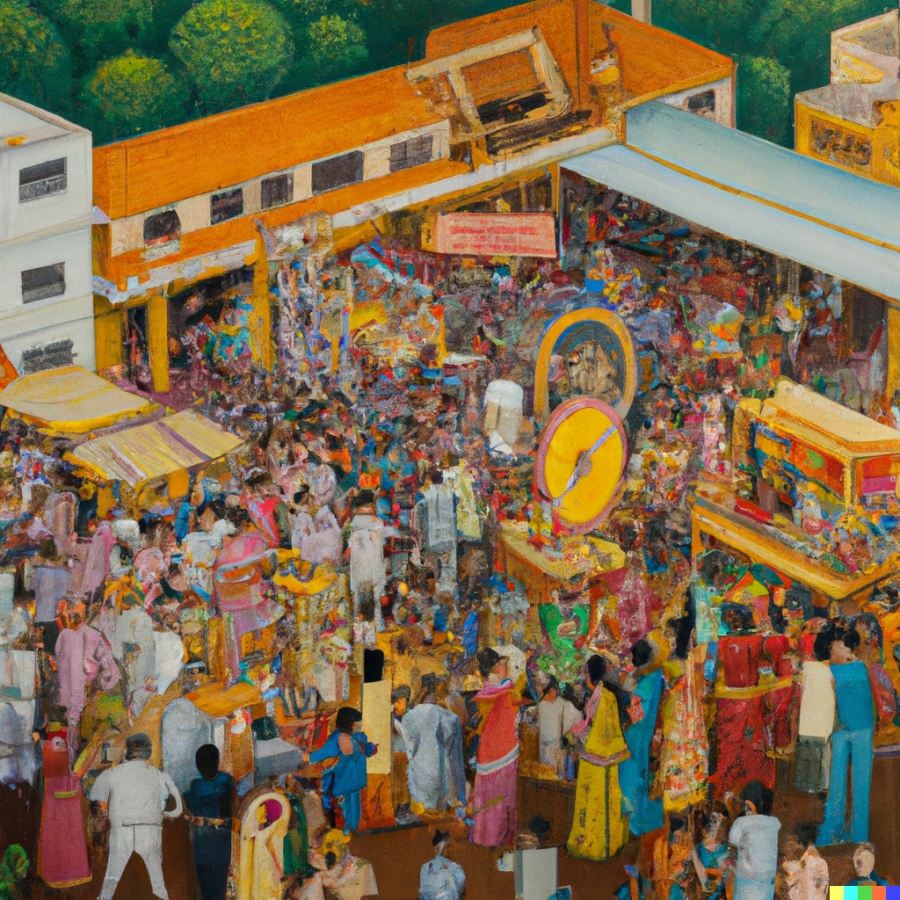 Highly detailed Thanjavur painting of crowd attracted towards a a builder demonstrating his product in expo ,set in modern day